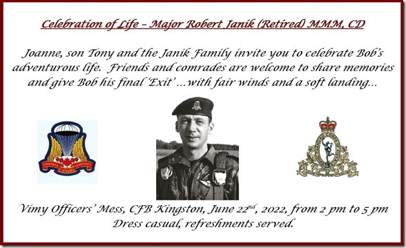 Celebration of Life: Maj Robert Janik, MMM, CD (Retired) @ Vimy Officers' Mess