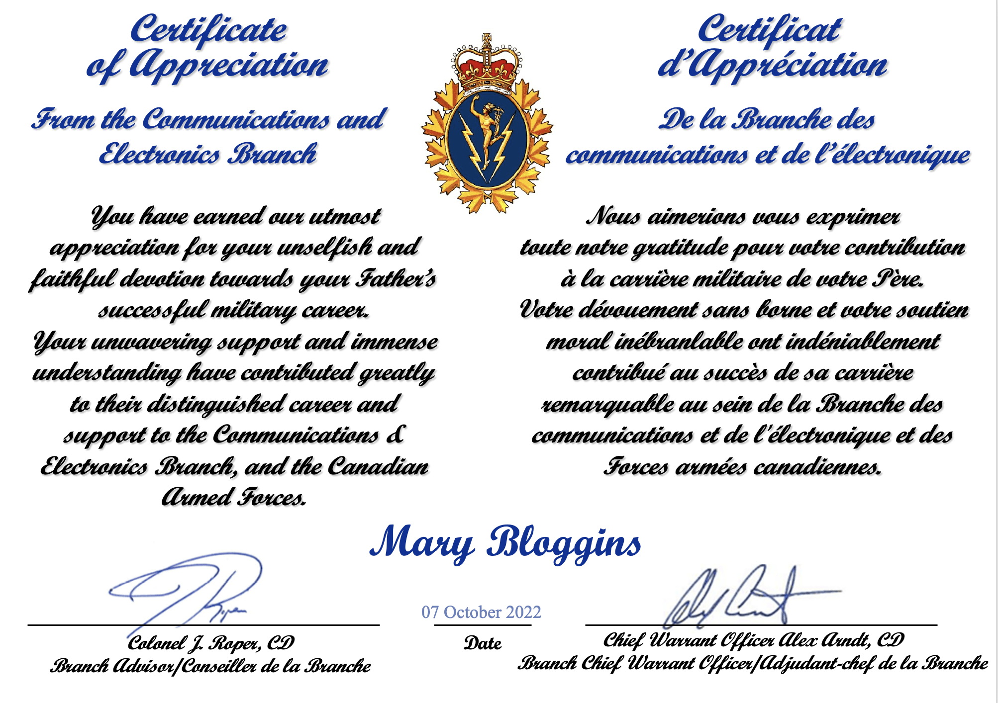 Family Certificate Example